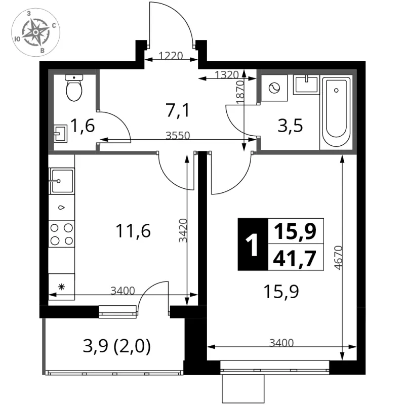 1-комн. 41.6 м²