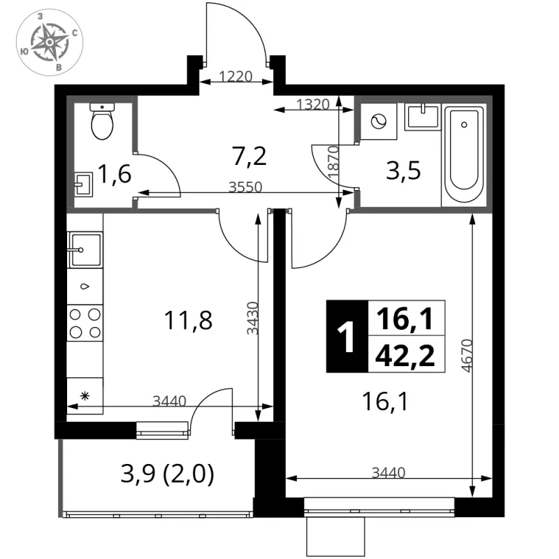 1-комн. 42 м²