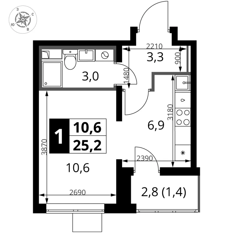 Студия 25 м²