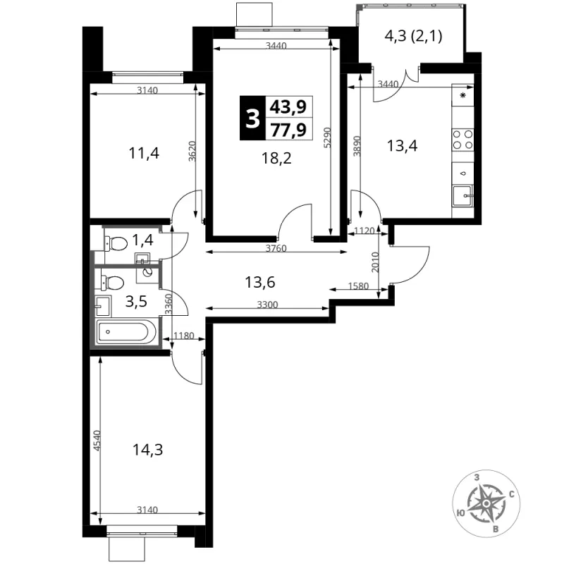 3-комн. 77.9 м²
