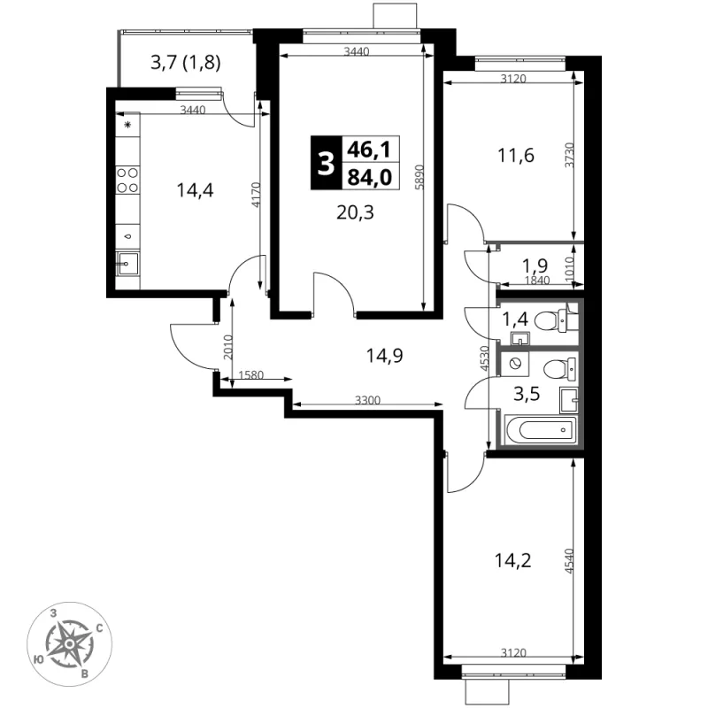 3-комн. 84.1 м²