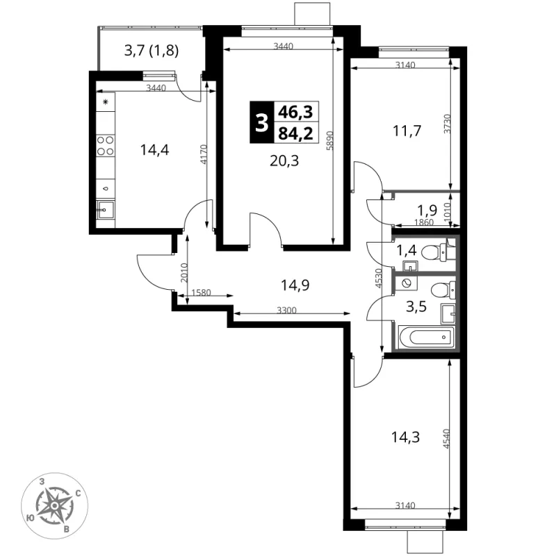 3-комн. 84.2 м²