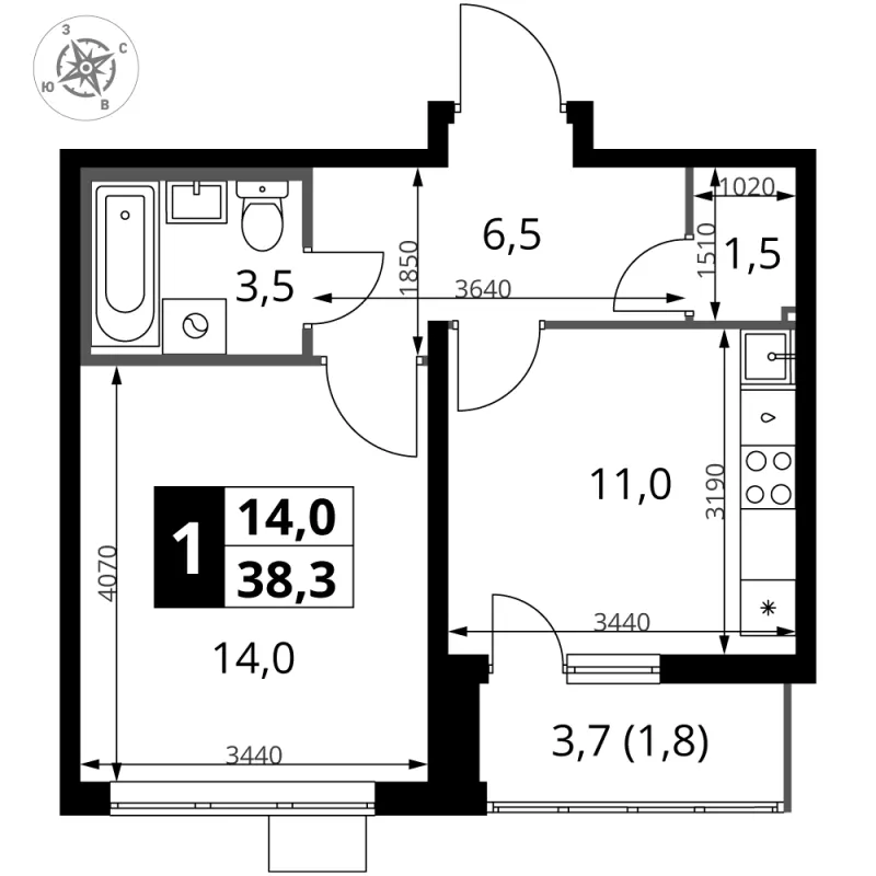 1-комн. 38.2 м²