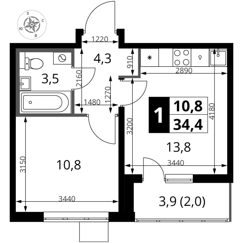1-комн. 34.3 м²
