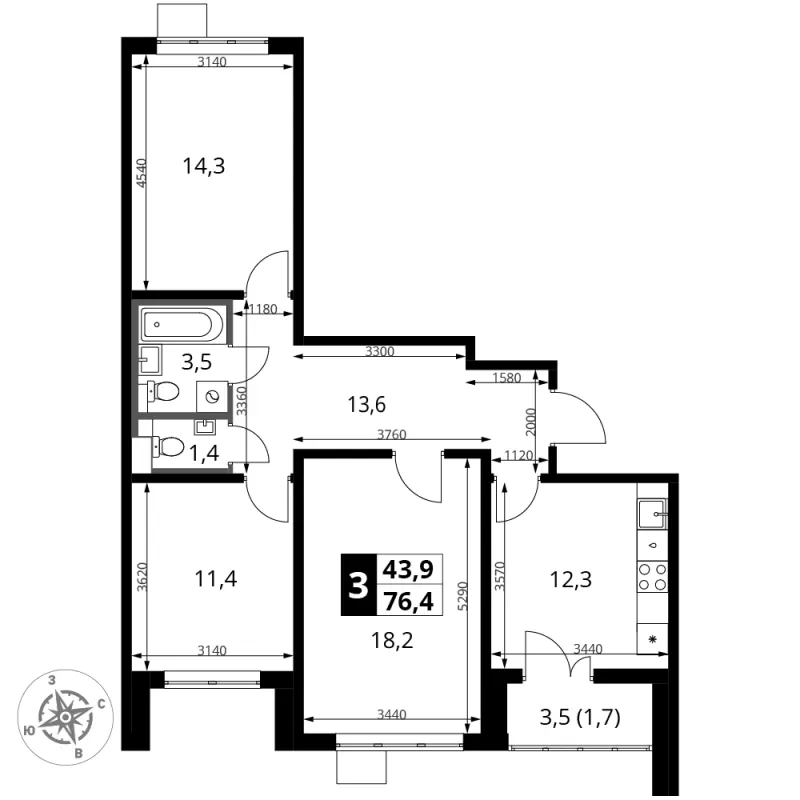 3-комн. 76.4 м²