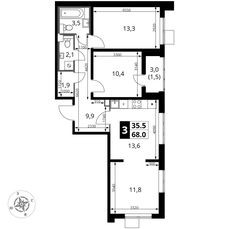 3-комн. 68 м²