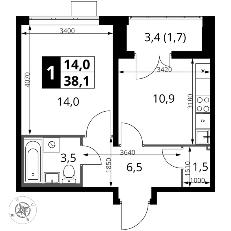 1-комн. 38 м²