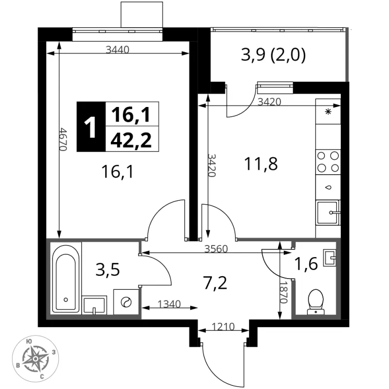 1-комн. 42.1 м²