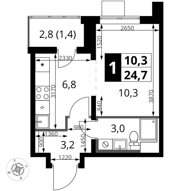 Студия 24.7 м²