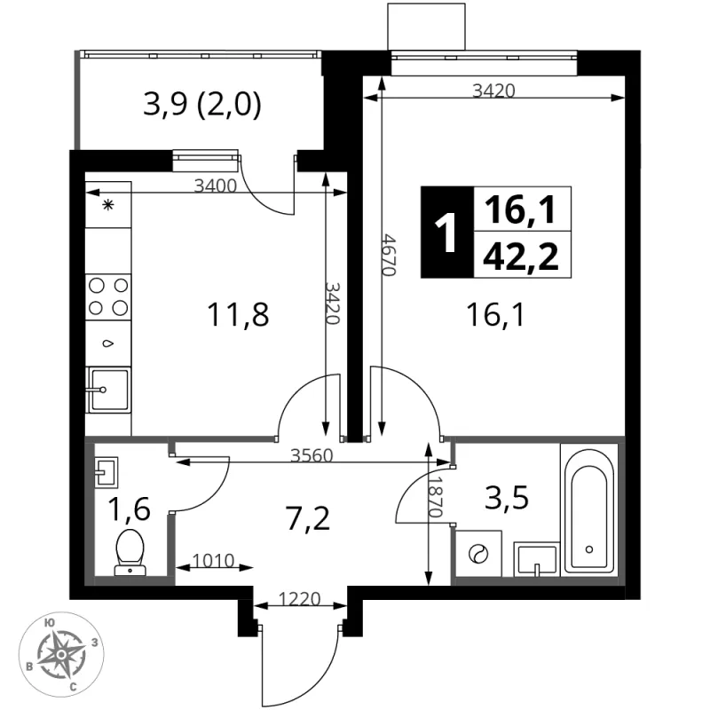 1-комн. 42.1 м²