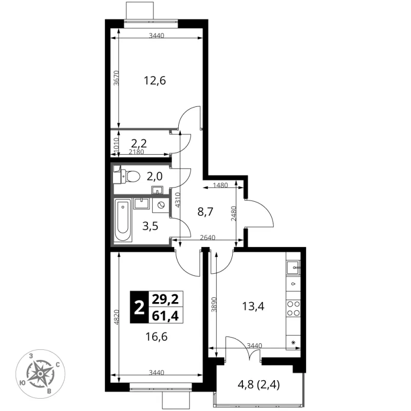 2-комн. 61.4 м²