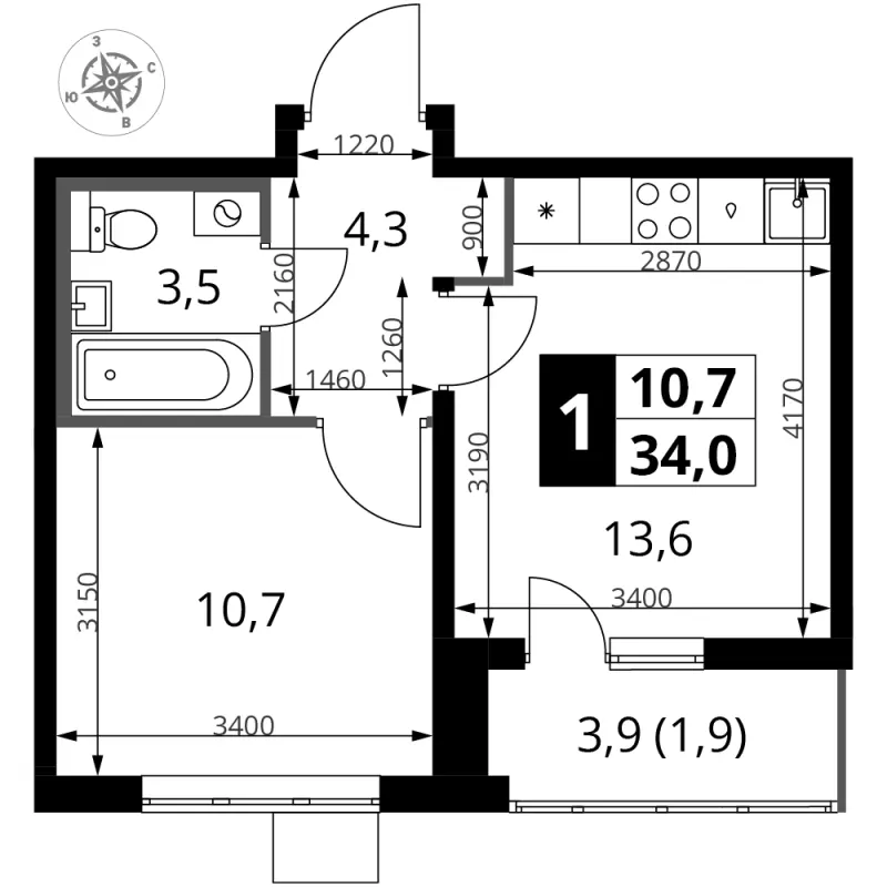 1-комн. 34 м²