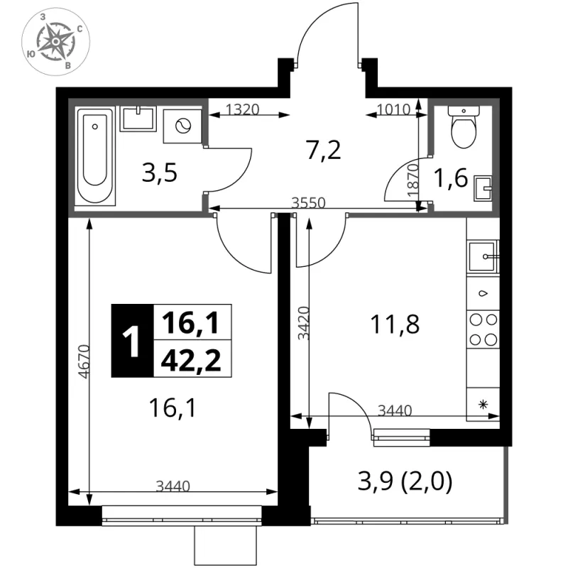 1-комн. 42.1 м²