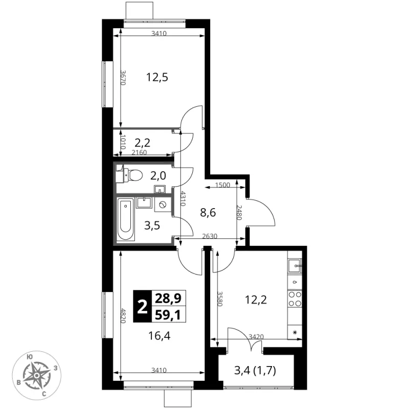2-комн. 59.1 м²