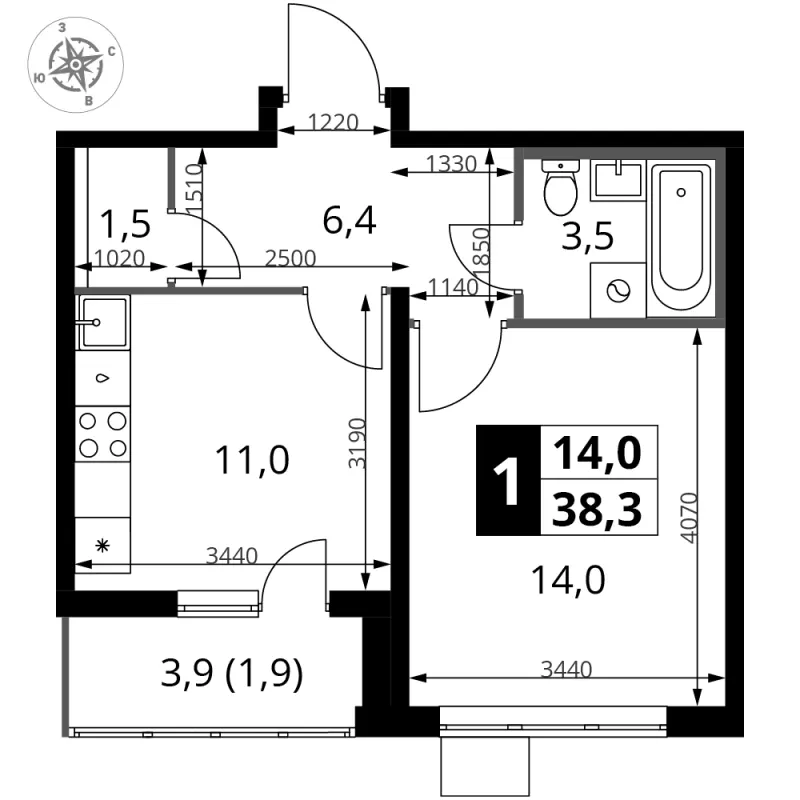 1-комн. 38.3 м²