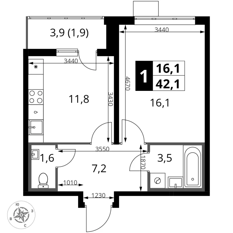 1-комн. 42.1 м²