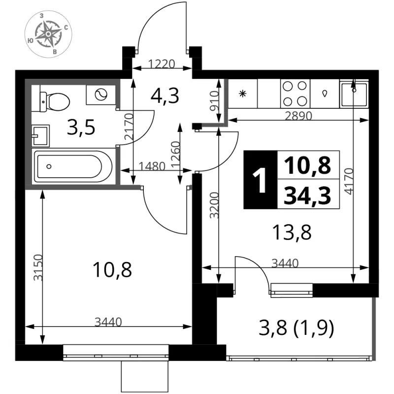 1-комн. 34.3 м²