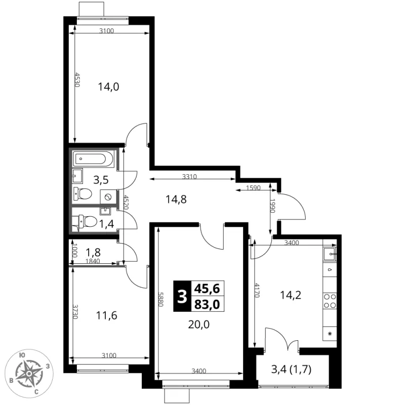 3-комн. 83.1 м²