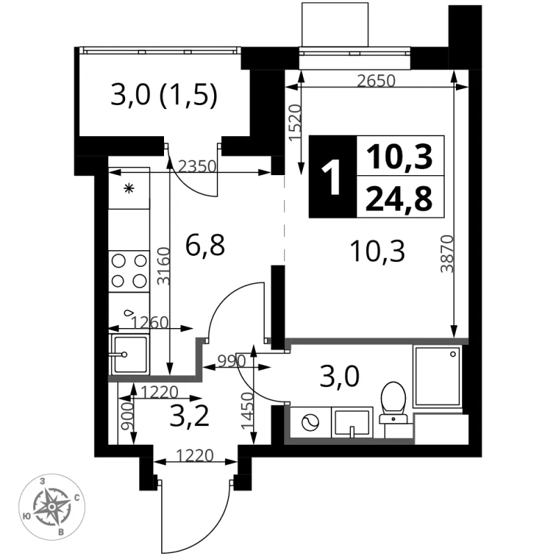 Студия 24.8 м²