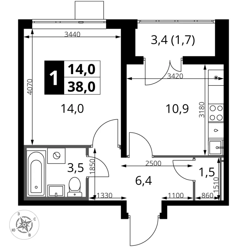 1-комн. 38 м²