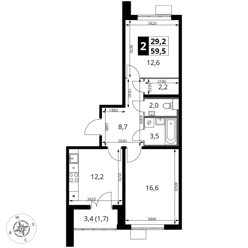 2-комн. 59.5 м²