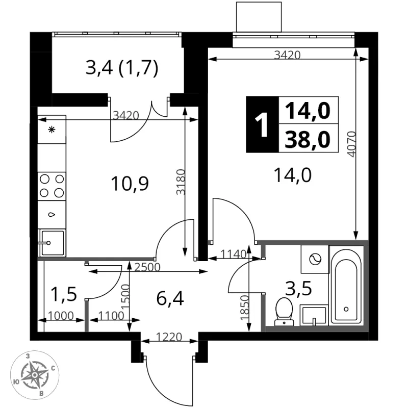 1-комн. 38 м²