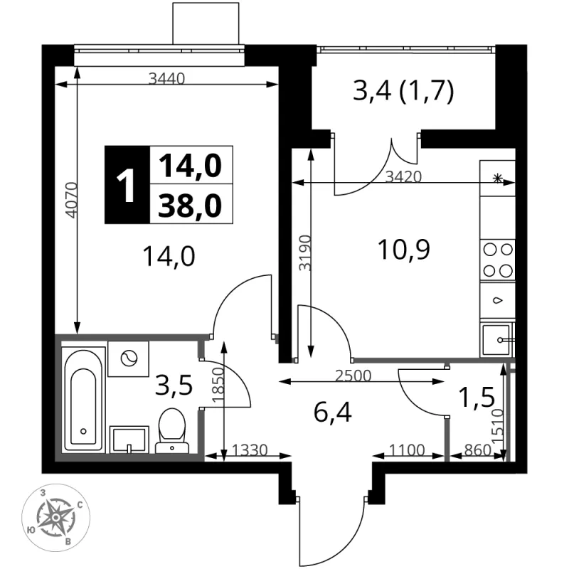 1-комн. 38 м²