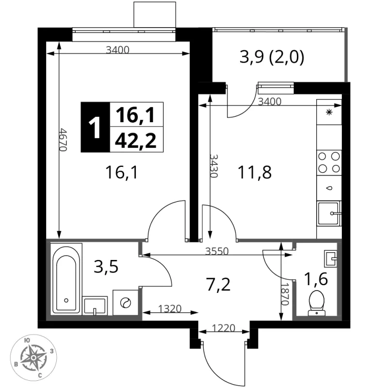 1-комн. 42 м²