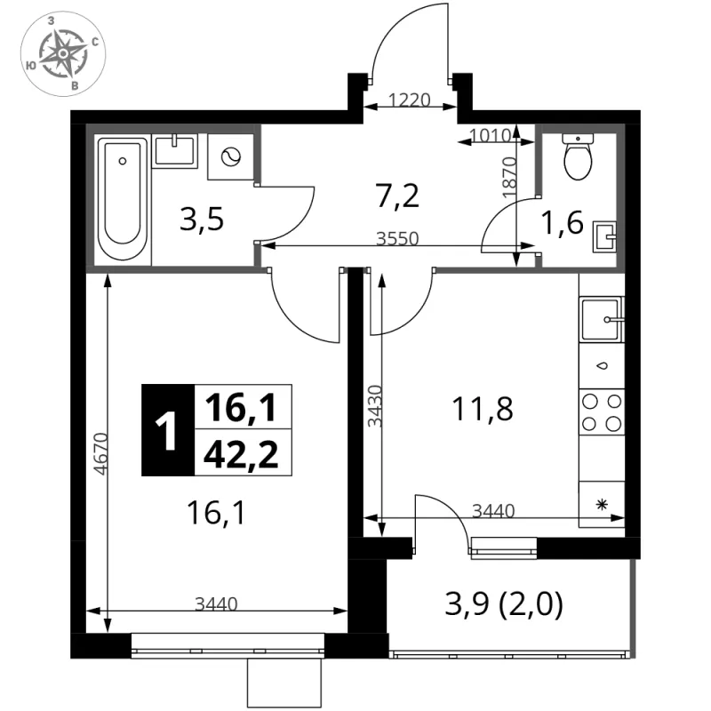 1-комн. 42.1 м²