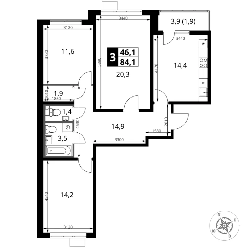 3-комн. 84.1 м²