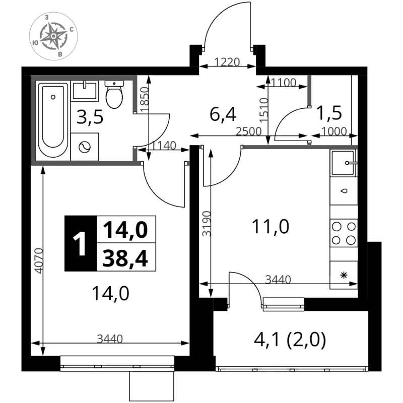 1-комн. 38.4 м²