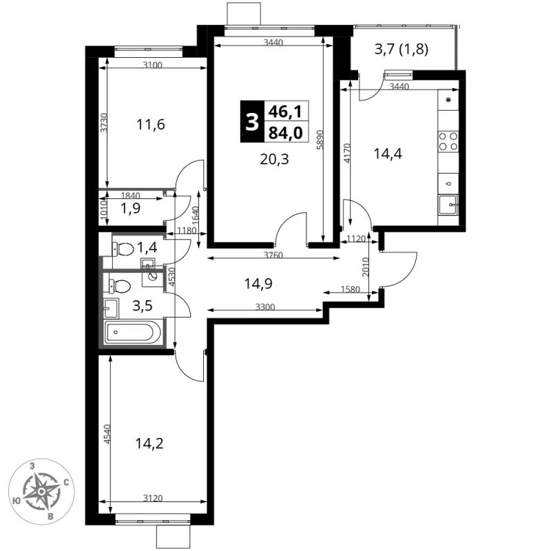3-комн. 84 м²