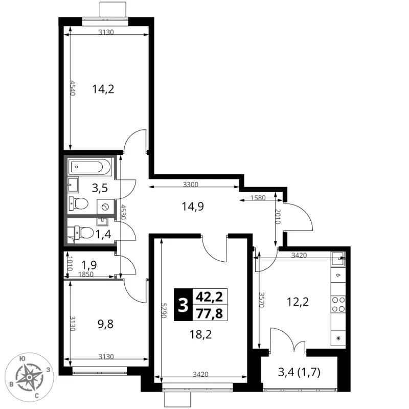 3-комн. 77.9 м²