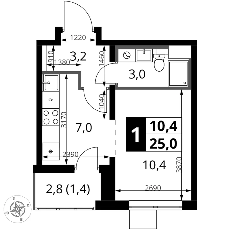 Студия 25.1 м²
