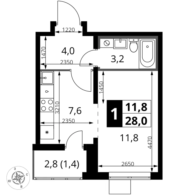 Студия 28 м²