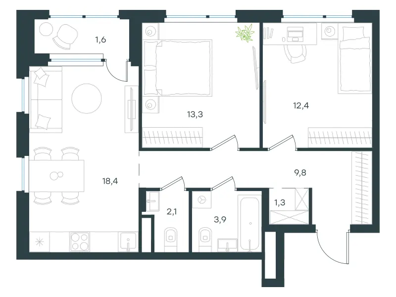 2-комн. 62.8 м²