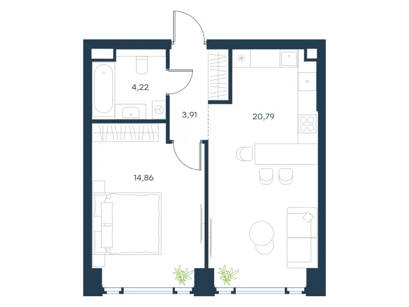 1-комн. 43.8 м²