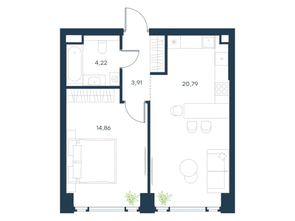 1-комн. 43,8 м²