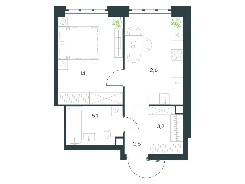 1-комн. 38.3 м²