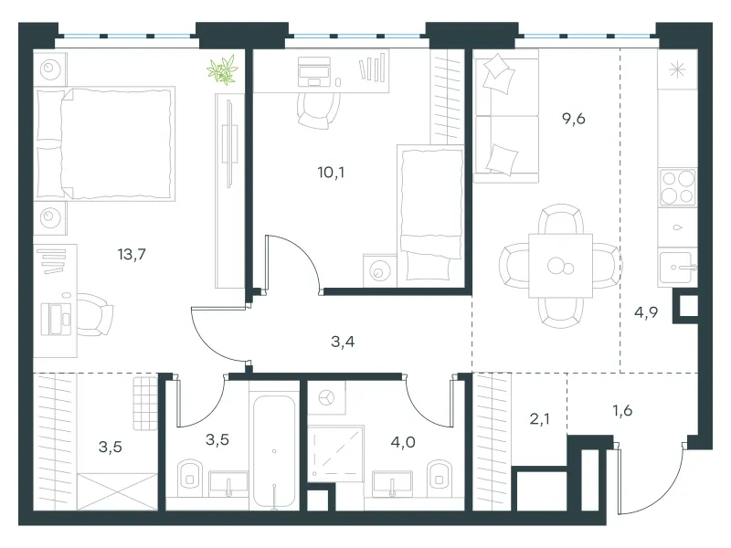 3-комн. 56.4 м²