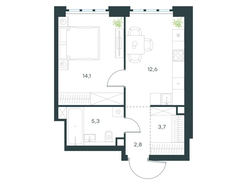1-комн. 38.5 м²