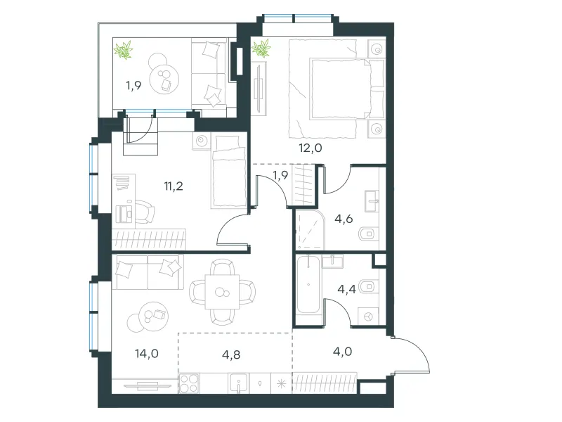 3-комн. 58.8 м²