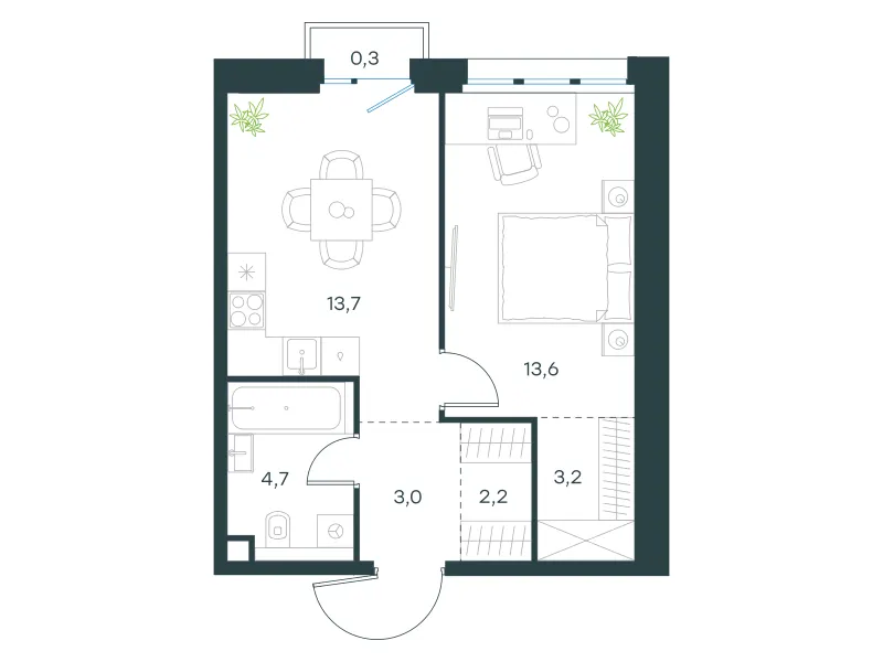 1-комн. 40.7 м²