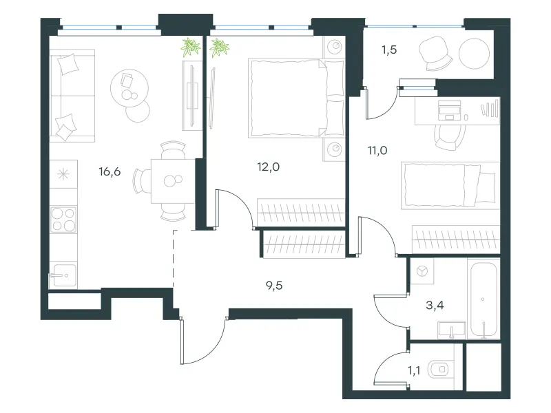 2-комн. 55.1 м²