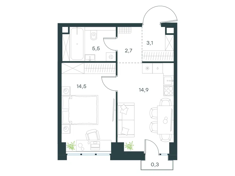 1-комн. 41 м²