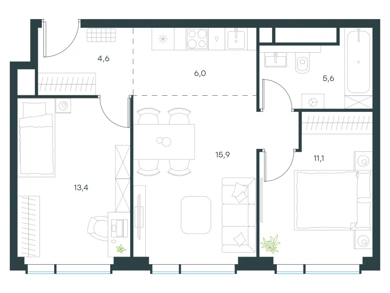 3-комн. 56.8 м²