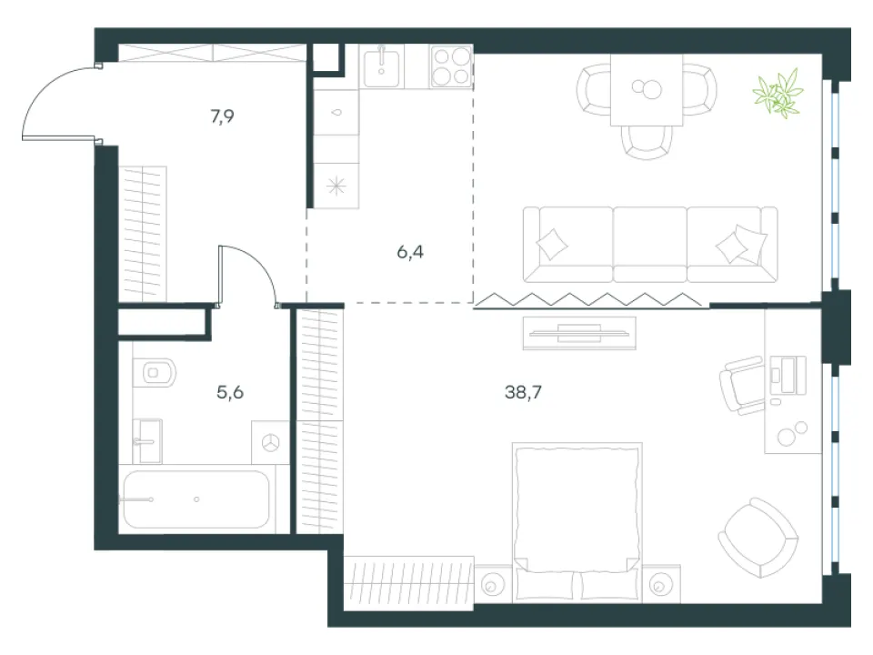 1-комн. 58,6 м²