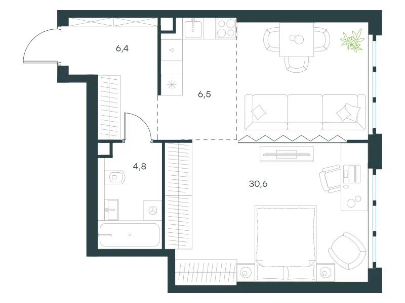 1-комн. 48.3 м²