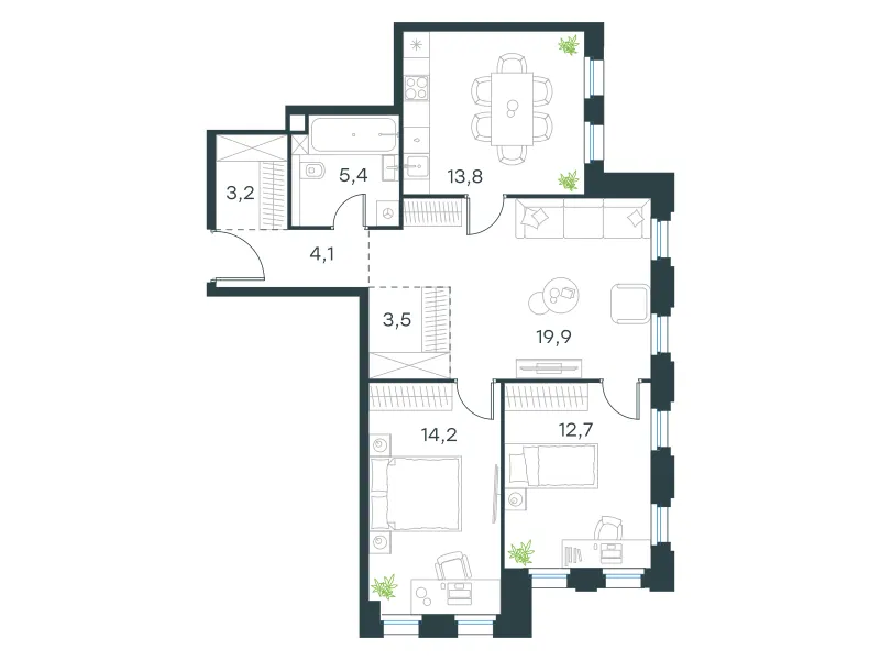 3-комн. 76.8 м²