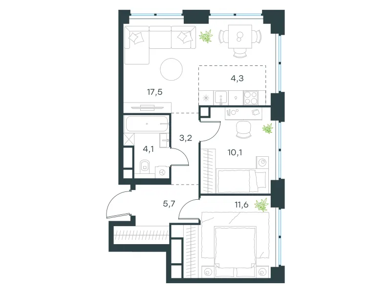 3-комн. 56.5 м²